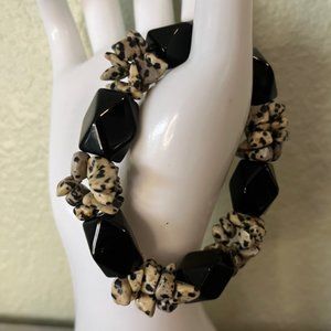 Chunky Dalmatian gem stone and black onyx  bracelet